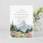 Dusty Blue Floral Spring Mountains Hochzeit Einladung (Stehend Vorderseite)