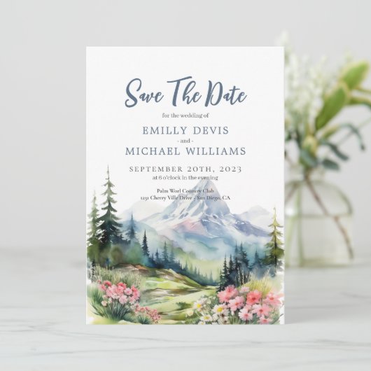 Dusty Blue Floral Spring Mountains Hochzeit Save The Date (Stehend Vorderseite)