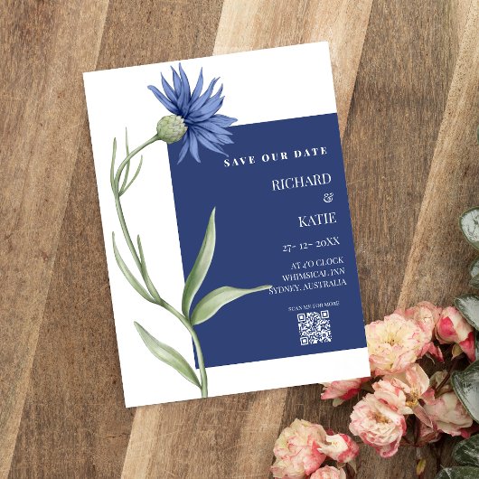 Dusty Blue Floral stilvolle Qr Code Hochzeit Einladung