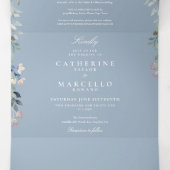 Dusty Blue Floral String Lights Foto Wedding Dreifach Gefaltete Einladung (Innenseite Mitte)