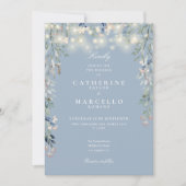 Dusty Blue Floral String Lights Foto Wedding Einladung (Vorderseite)
