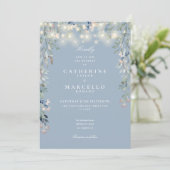 Dusty Blue Floral String Lights Foto Wedding Einladung (Stehend Vorderseite)
