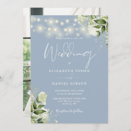 Dusty Blue Floral String Lights Foto Wedding Einladung