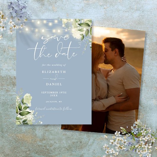 Dusty Blue Floral String Lights Foto Wedding Save The Date
