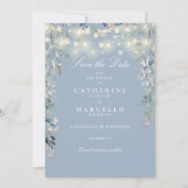 Dusty Blue Floral String Lights Foto Wedding Save The Date (Vorderseite)