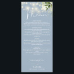Dusty Blue Floral String Lights Hochzeitsessen Menükarte<br><div class="desc">Dieses elegante dustige blaue Blumenstrauß-Leuchtenmenü kann mit Ihren Informationen in der schicken Typografie personalisiert werden,  mit Ihren Monogramm-Initialen auf der Rückseite. Entwickelt von Thisisnotme©</div>