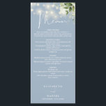 Dusty Blue Floral String Lights Hochzeitsessen Menükarte<br><div class="desc">Dieses elegante dustige blaue Blumenstrauß-Leuchtenmenü kann mit Ihren Informationen in der schicken Typografie personalisiert werden,  mit Ihren Monogramm-Initialen auf der Rückseite. Entwickelt von Thisisnotme©</div>