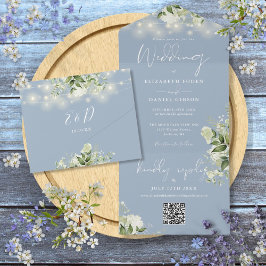 Dusty Blue Floral String Lights QR Code Wedding All In One Einladung