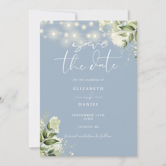 Dusty Blue Floral String Lights QR Code Wedding Save The Date (Vorderseite)