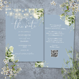 Dusty Blue Floral String Lights QR Code Wedding Save The Date