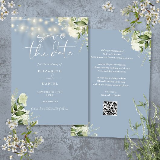 Dusty Blue Floral String Lights QR Code Wedding Save The Date