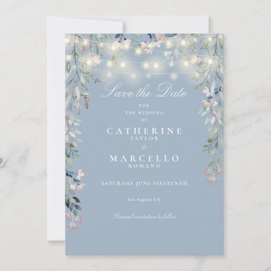 Dusty Blue Floral String Lights Wedding Save The Date (Vorderseite)