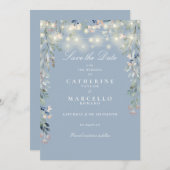 Dusty Blue Floral String Lights Wedding Save The Date (Vorne/Hinten)
