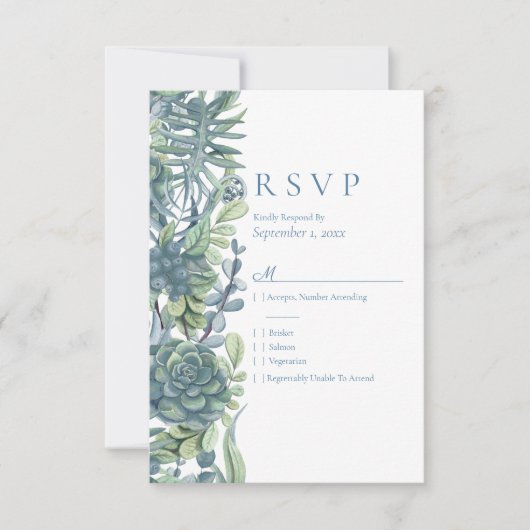 Dusty Blue Floral Succulents UAWG Wedding RSVP Karte (Vorderseite)
