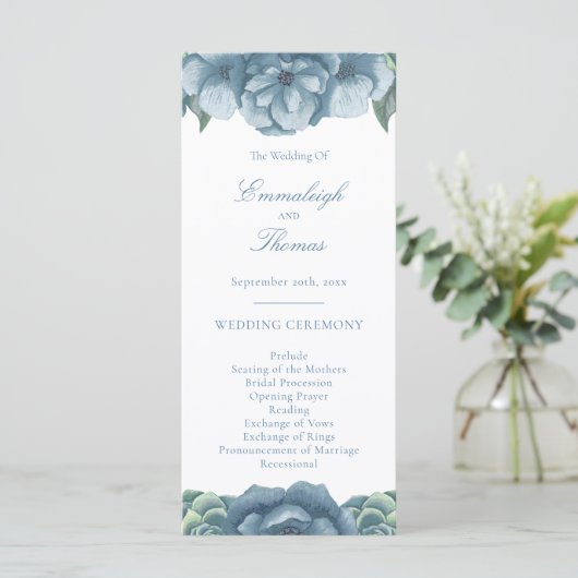 Dusty Blue Floral Succulents Wedding Programm (Stehend Vorderseite)