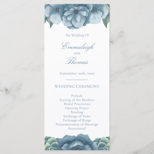 Dusty Blue Floral Succulents Wedding Programm (Vorderseite)
