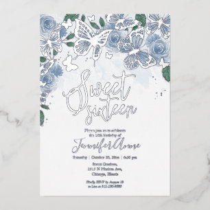 Dusty Blue Floral Sweet 16 Butterfly Silber Folieneinladung