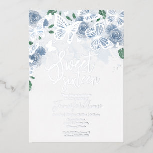 Dusty Blue Floral Sweet 16 Butterfly Silber Folieneinladung