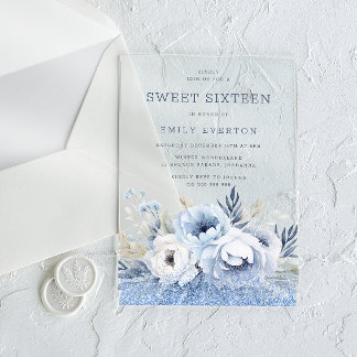 Dusty Blue Floral Sweet 16 Sechzehn Party Acryleinladungen