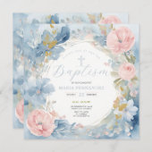 Dusty Blue Floral Taufe Einladung (Vorne/Hinten)