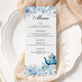 Dusty Blue Floral Tee Party Menu Menükarte