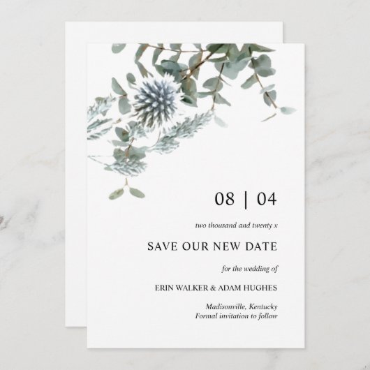Dusty Blue Floral Thistle Hochzeit Save The Date (Vorne/Hinten)