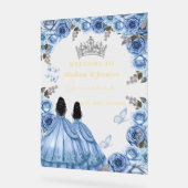 Dusty Blue Floral Twin Quinceañera Begrüßungszeich Acrylschild (Winkel)