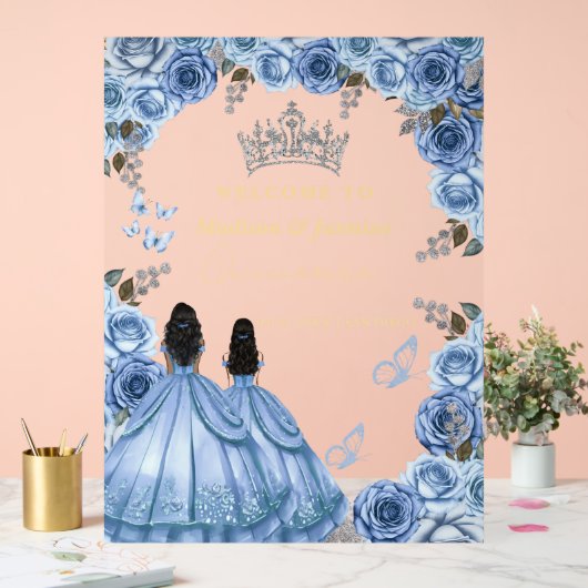 Dusty Blue Floral Twin Quinceañera Begrüßungszeich Acrylschild (Hochzeit)