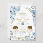 Dusty Blue Floral Twins Boy Praying Heilige Kommun Einladung (Vorderseite)