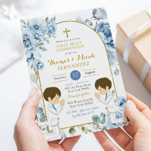 Dusty Blue Floral Twins Boy Praying Heilige Kommun Einladung