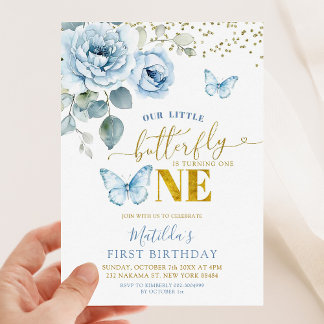 Dusty Blue Floral Unser kleiner Schmetterling dreh Einladung
