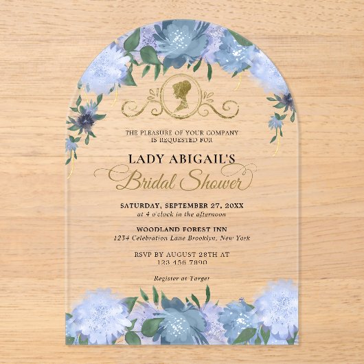 Dusty Blue Floral Viktorianisch Brautparty Arch Acryleinladungen (Vorderseite)