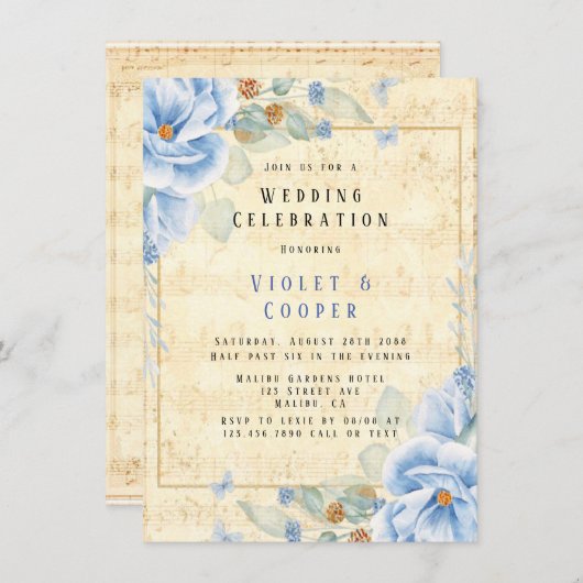 Dusty Blue Floral Vintag Musical Wedding Einladung (Vorne/Hinten)
