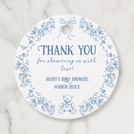 Dusty Blue Floral Vintag Teddy Bear Baby Dusche Geschenkanhänger (Vorderseite)