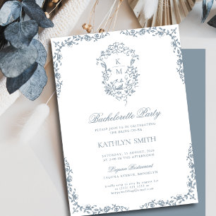 Dusty Blue Floral Vintag Wappen Junggeselinnen-Abs Einladung