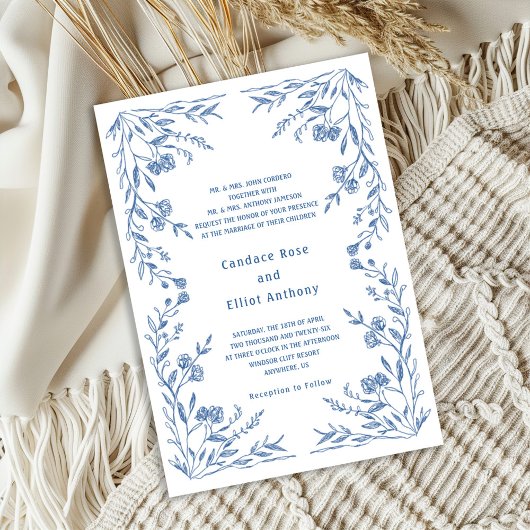 Dusty Blue Floral Vintage Wedding Einladung