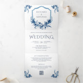 Dusty Blue Floral Wappen All in One QR Code Weddin Dreifach Gefaltete Einladung (Innenseite)
