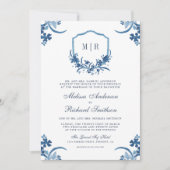 Dusty Blue Floral Wappen All in One QR Code Weddin Einladung (Vorderseite)