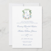 Dusty Blue Floral Wappen auf einer Hochzeit Einladung (Vorderseite)