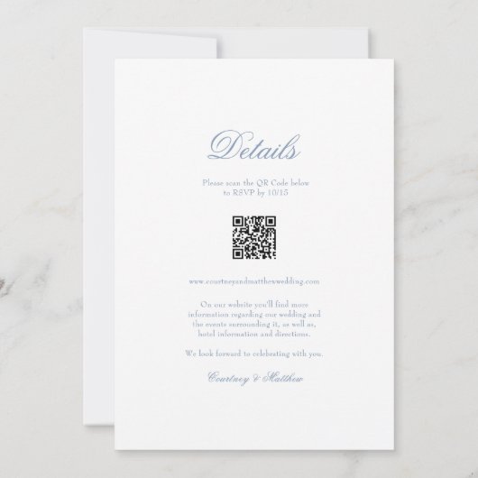 Dusty Blue Floral Wappen auf einer Hochzeit Einladung (Rückseite)