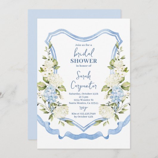 Dusty Blue Floral Wappen Brautparty Einladung (Vorne/Hinten)