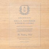 Dusty Blue Floral Wappen Monogram Wedding Elegant Acryleinladungen (Vorderseite)