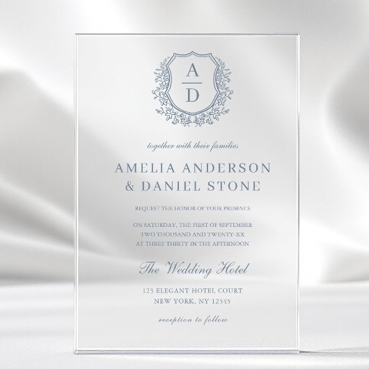 Dusty Blue Floral Wappen Monogram Wedding Elegant Acryleinladungen