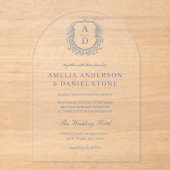 Dusty Blue Floral Wappen Monogram Wedding Elegant Acryleinladungen (Vorderseite)