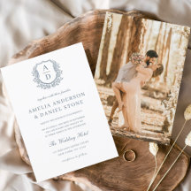 Dusty Blue Floral Wappen Monogram Wedding Elegant