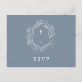 Dusty Blue Floral Wappen Monogram Wedding RSVP Postkarte