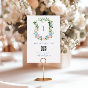 Dusty Blue Floral Wappen QR Code Foto Sharing Tischnummer