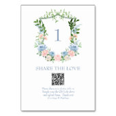 Dusty Blue Floral Wappen QR Code Foto Sharing Tischnummer (Vorderseite)