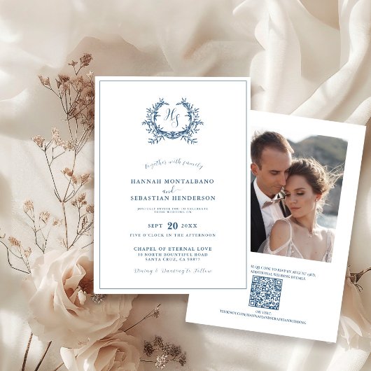 Dusty Blue Floral Wappen QR Code Wedding Foto Einladung