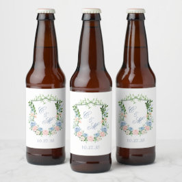 Dusty Blue Floral Wappen Wedding Bierflaschenetikett